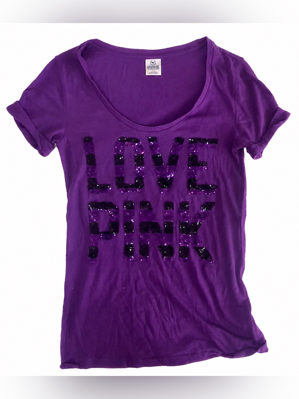 PINK Victoria’s Secret Purple Sequin LOVE PINK Graphic Tee Y2K Short Sleeve Top